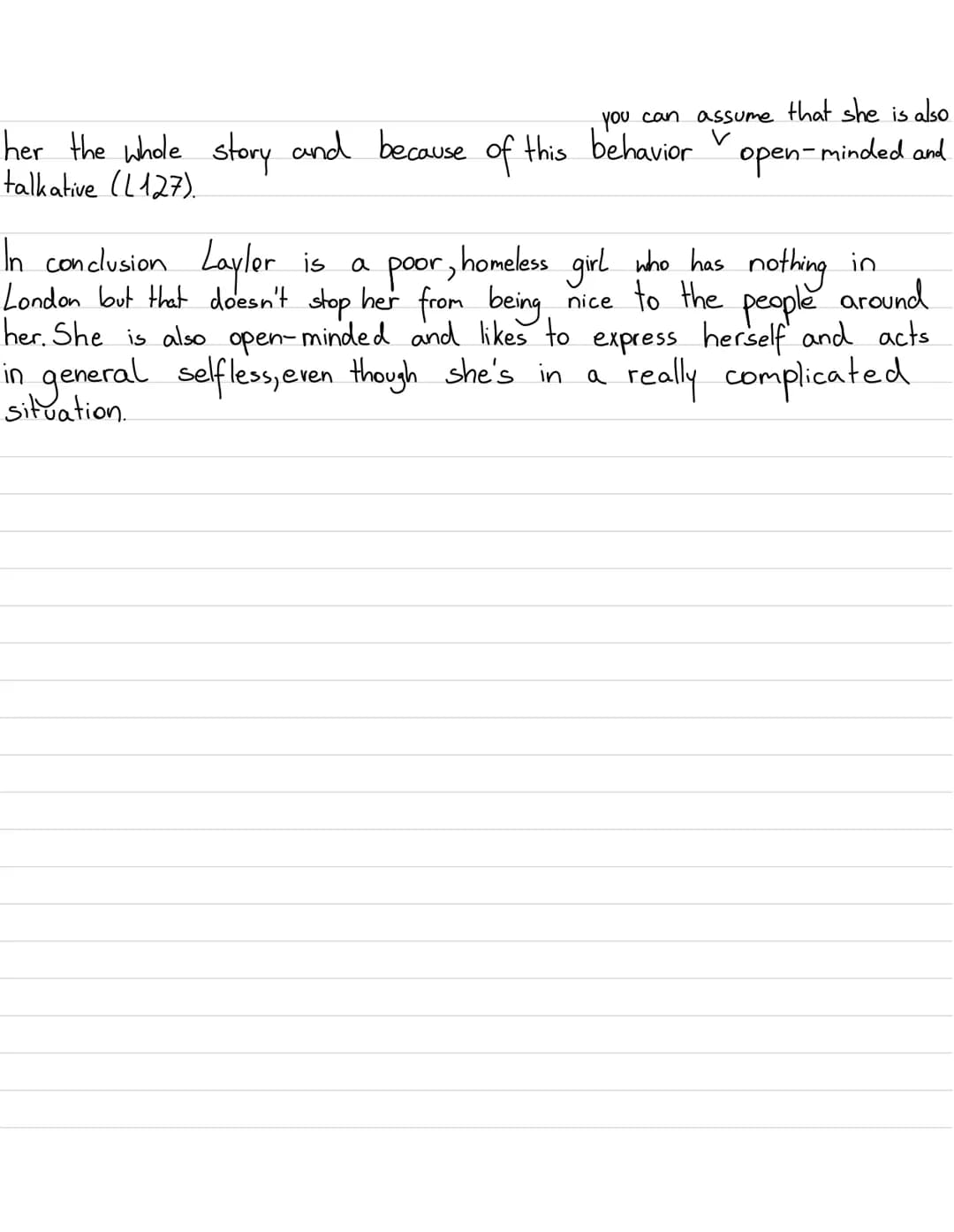 Laylor
general information:
-female ((48)
- Name: Laylor (L. 50)
-refugee (ll' 128-129)
young (student) (( 69)
has an accent (227)
outer app
