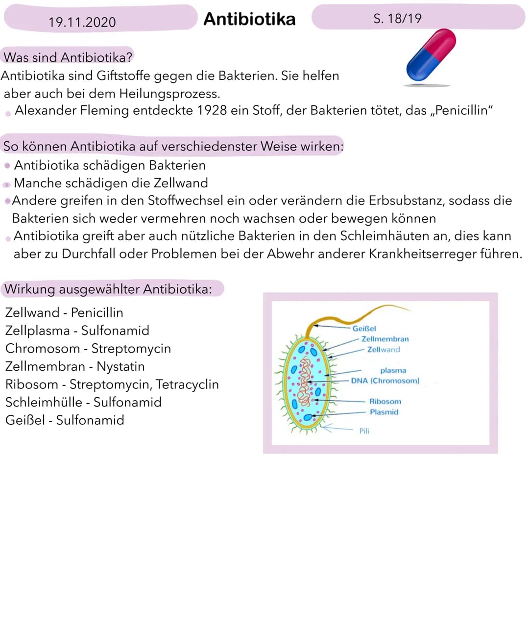 19.11.2020
●
Antibiotika
Was sind Antibiotika?
Antibiotika sind Giftstoffe gegen die Bakterien. Sie helfen
aber auch bei dem Heilungsprozess