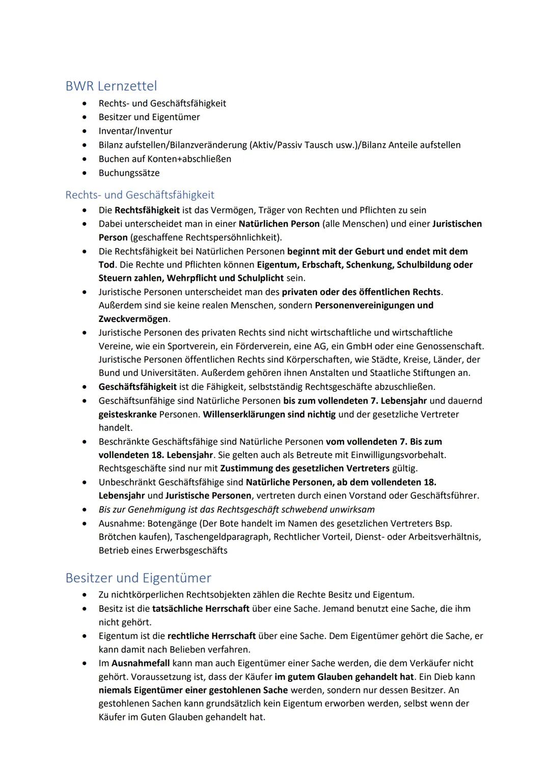 BWR Lernzettel
●
●
Bilanz aufstellen/Bilanzveränderung (Aktiv/Passiv Tausch usw.)/Bilanz Anteile aufstellen
Buchen auf Konten+abschließen
● 