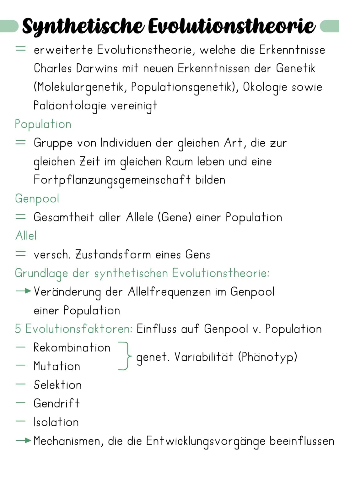 Synthetische Evolutionstheorie
= erweiterte Evolutionstheorie, welche die Erkenntnisse
Charles Darwins mit neuen Erkenntnissen der Genetik
(