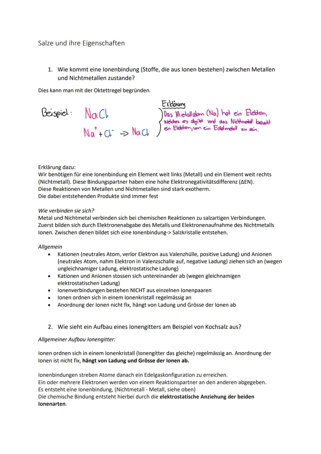 Salze und ihre Eigenschaften
1. Wie kommt eine lonenbindung (Stoffe, die aus lonen bestehen) zwischen Metallen
und Nichtmetallen zustande?
D