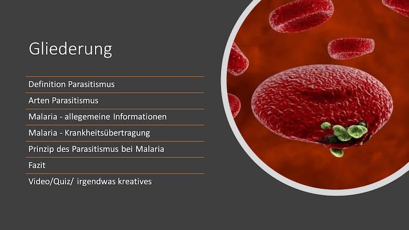 Parasitismus
am Beispiel
Malaria Gliederung
Definition Parasitismus
Arten Parasitismus
Malaria - allegemeine Informationen
Malaria - Krankhe