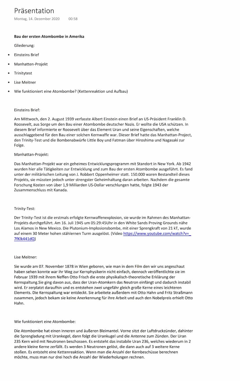 ●
●
●
Präsentation
Montag, 14. Dezember 2020 00:58
Bau der ersten Atombombe in Amerika
Gliederung:
Einsteins Brief
Manhatten-Projekt
Trinity