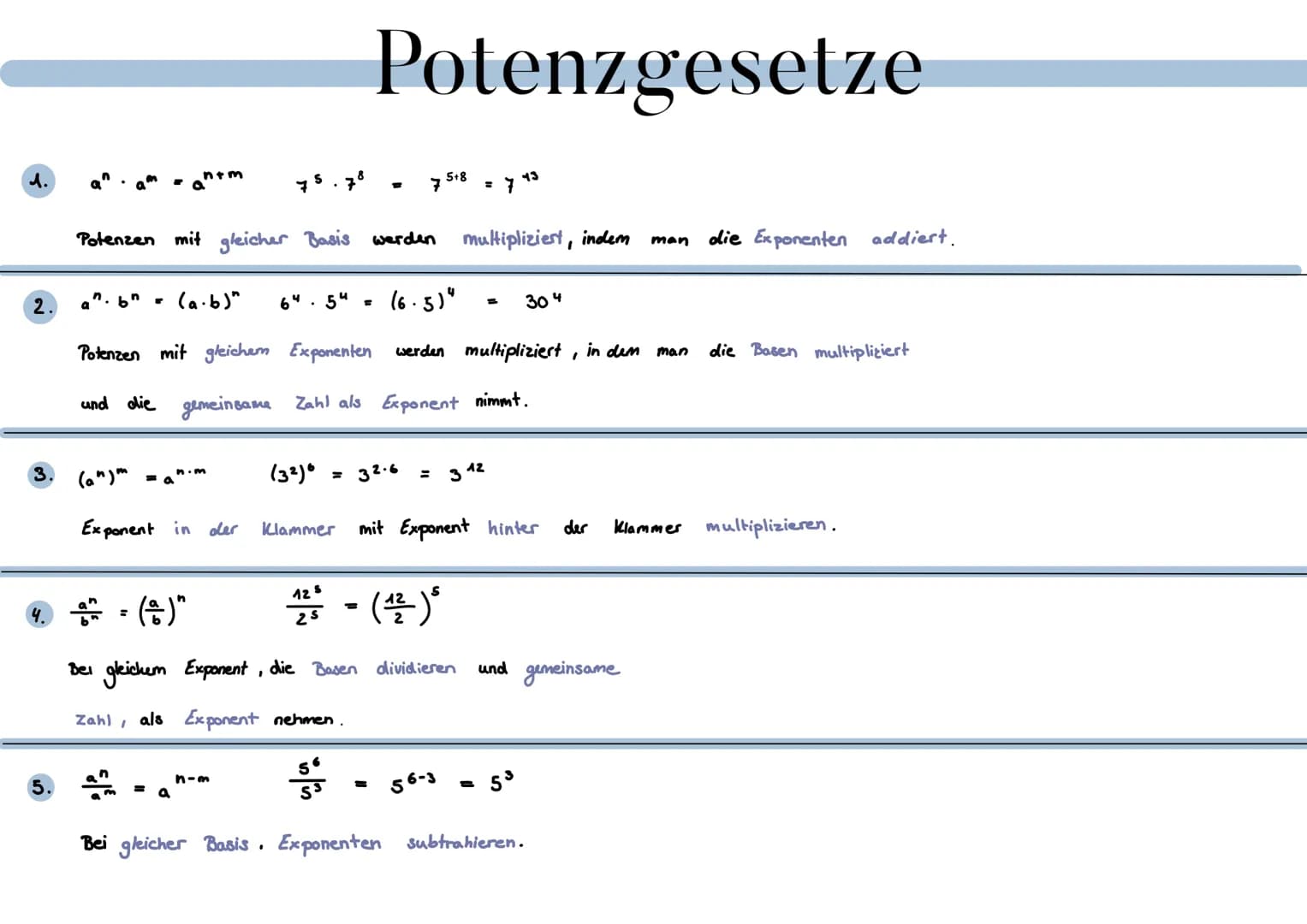 2
3
n. bn =
(a")" =a"
ntm
(a.b)"
Potenzen mit gleicher Basis werden
64.54 (6.5)"
Potenzen mit gleichem Exponenten werden multipliziert, in d