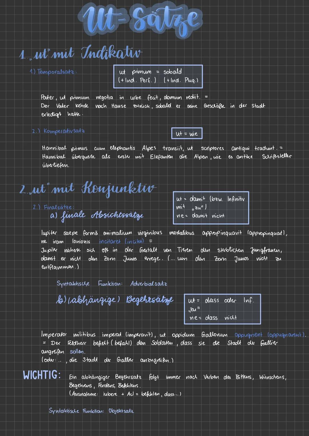 Ut-Satze
1. ut mit Indikativ
1.) Temporalsatz:
Pater, ut primum negotia in urbe fecit, domum rediit. =
nach Hause zurück, sobald er
Der Vate