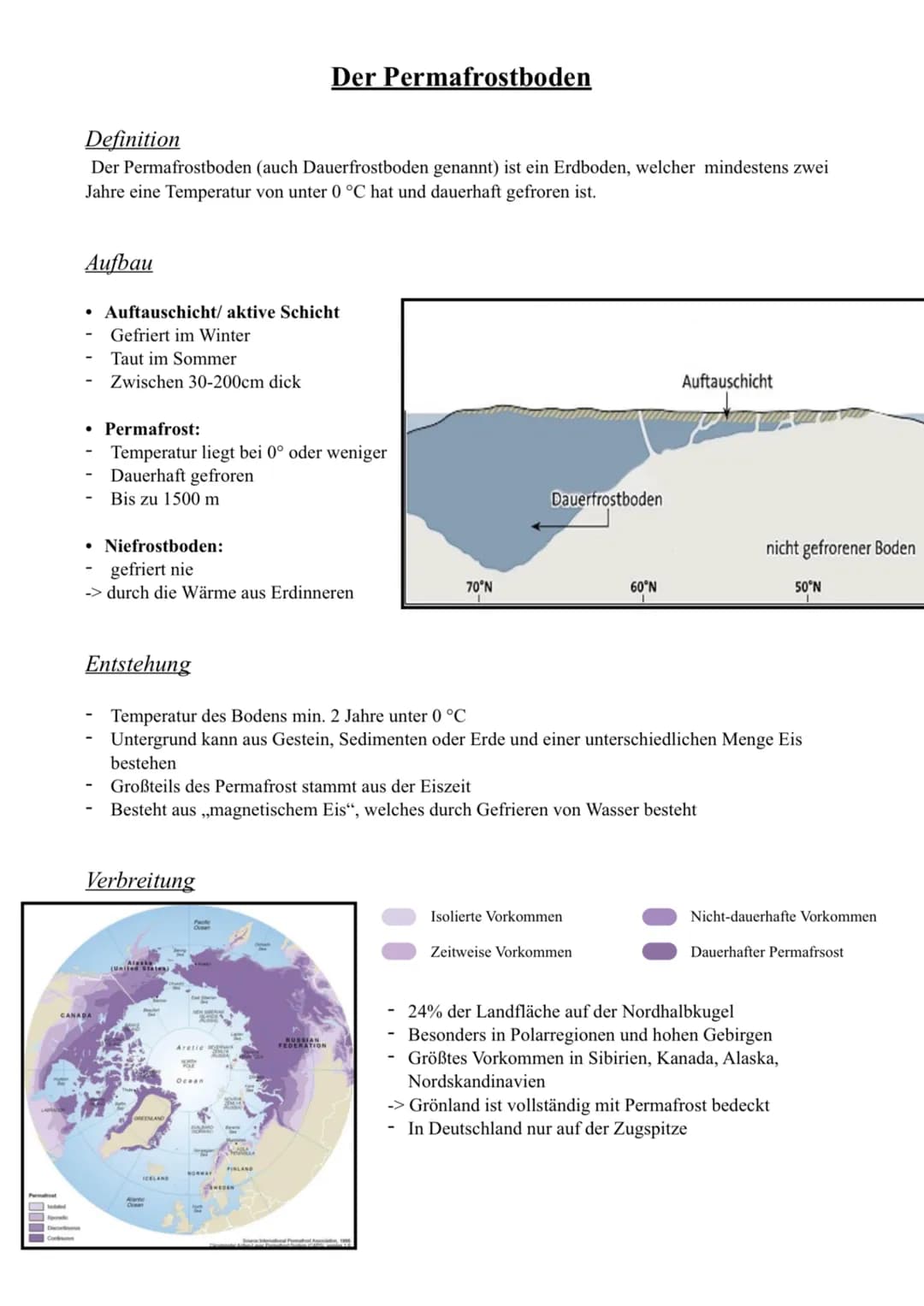 Definition
Der Permafrostboden (auch Dauerfrostboden genannt) ist ein Erdboden, welcher mindestens zwei
Jahre eine Temperatur von unter 0 °C