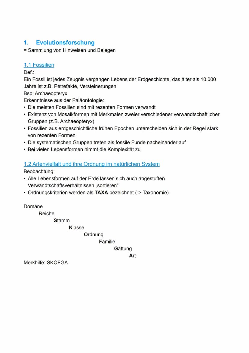 1. Evolutionsforschung
1.1 Fossilien
1.2 Artenvielfalt und ihre Ordnung im natürlichen System
1.3 Evolutionsforscher
Evolution
1.4 Belege au