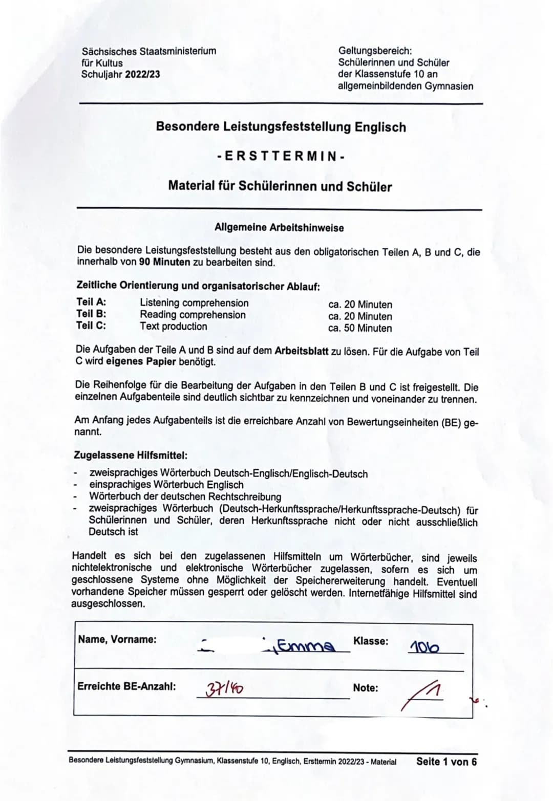 Sächsisches Staatsministerium
für Kultus
Schuljahr 2022/23
Besondere Leistungsfeststellung Englisch
-ERSTTERMIN-
Material für Schülerinnen u