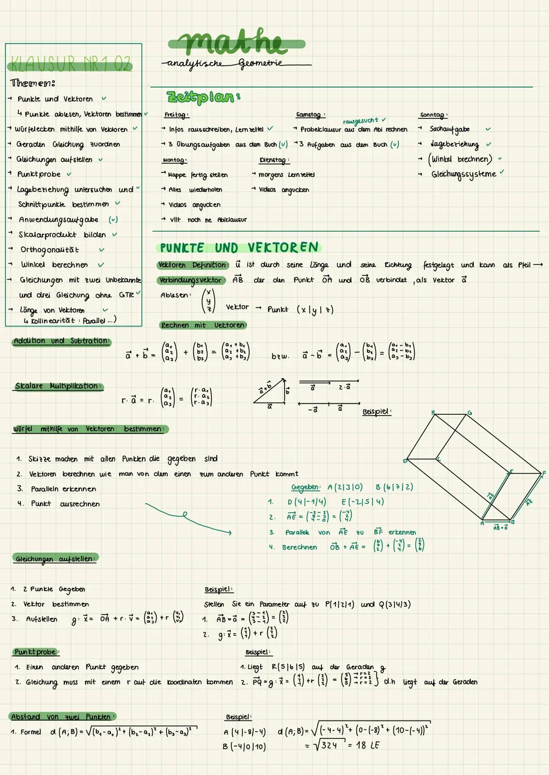 KLAUSUR NR1 02
Themen:
→ Punkte und Vektoren V
4 Punkte ablesen, Vektoren bestimmen
→würfelecken mithilfe von Velctoren
Geraden Gleichung zu