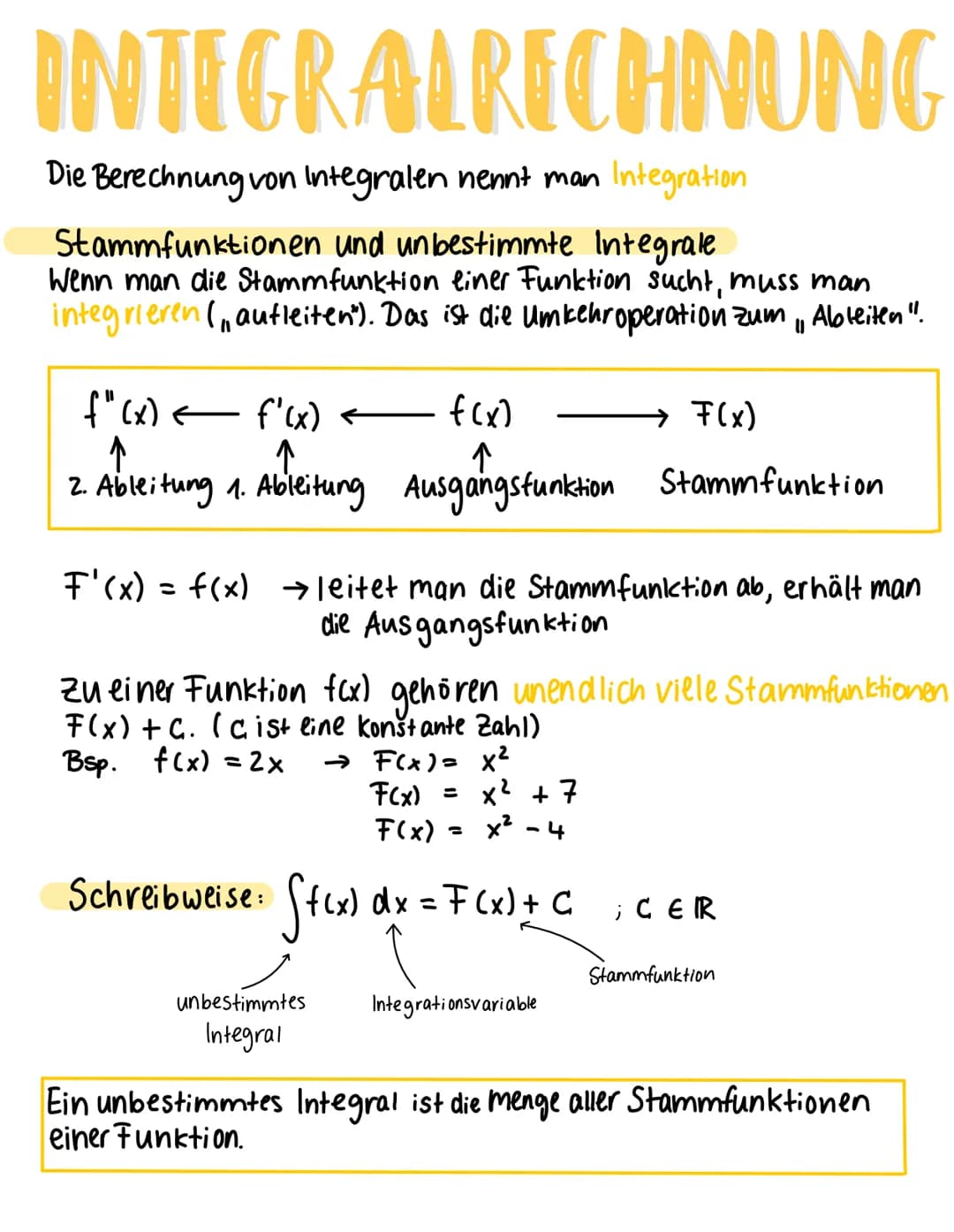 INTEGRALRECHNUNG
Die Berechnung von Integralen nennt man integration.
Stammfunktionen und unbestimmte Integrate.
Wenn man die Stammfunktion 