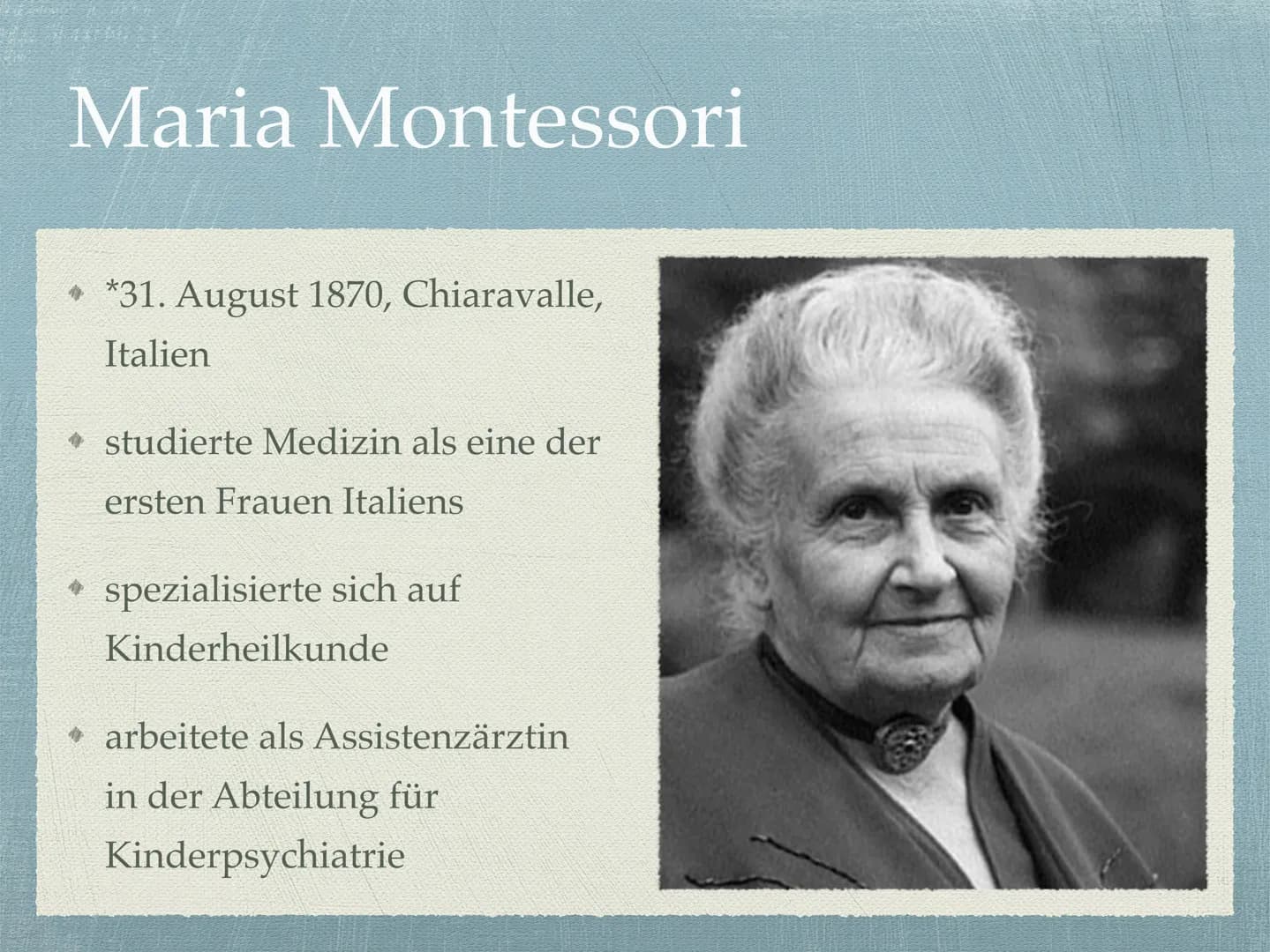 Maria Montessori
Vorstellung meiner Facharbeit 250404
Inhaltsverzeichnis
Die Person Maria Montessori
* Vorstellung vom Kind
Reformpädagogisc