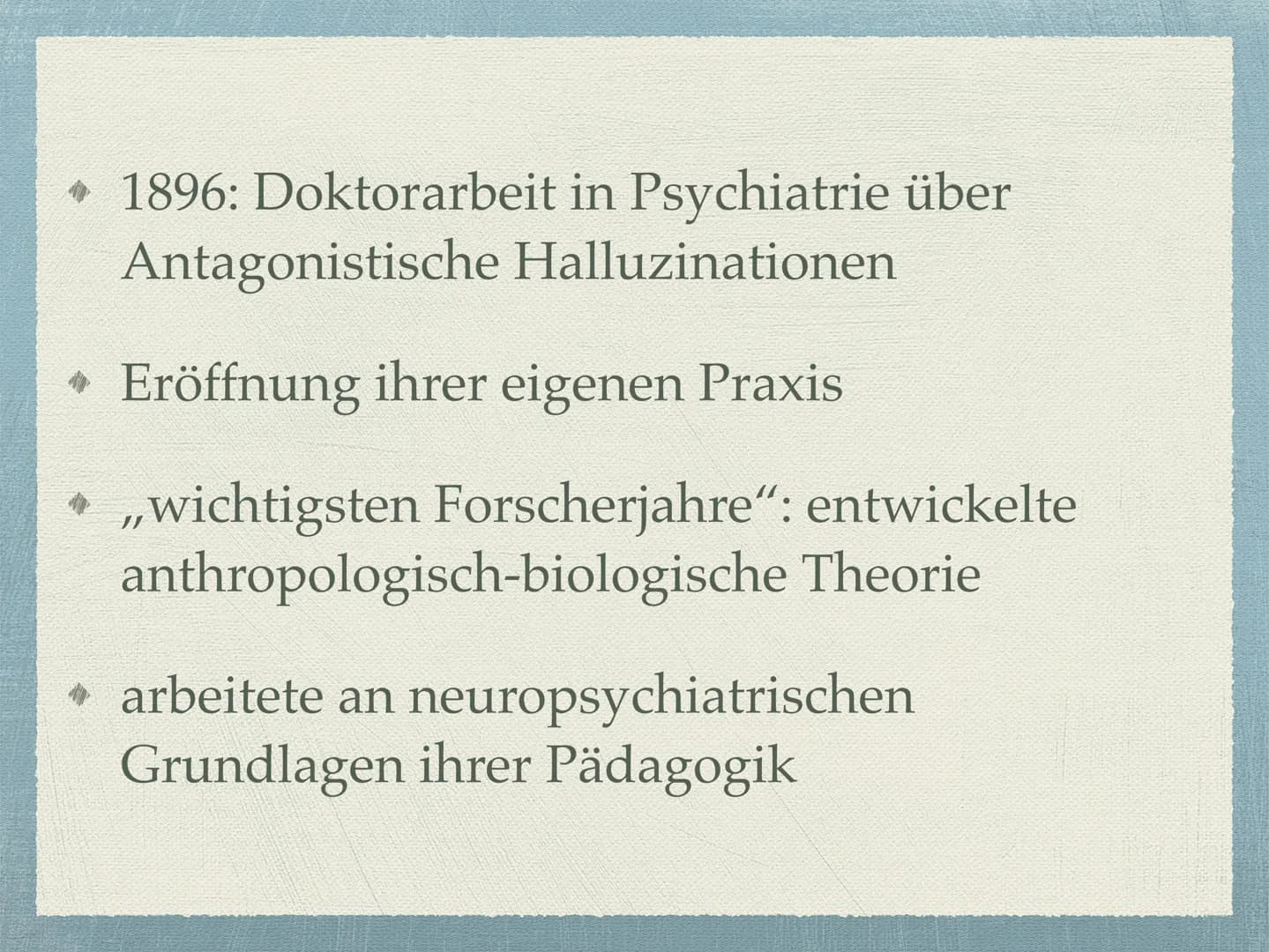 Maria Montessori
Vorstellung meiner Facharbeit 250404
Inhaltsverzeichnis
Die Person Maria Montessori
* Vorstellung vom Kind
Reformpädagogisc