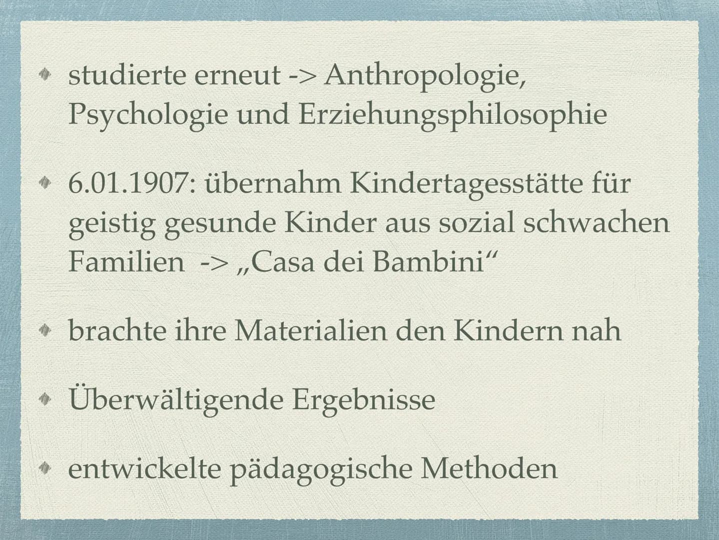 Maria Montessori
Vorstellung meiner Facharbeit 250404
Inhaltsverzeichnis
Die Person Maria Montessori
* Vorstellung vom Kind
Reformpädagogisc