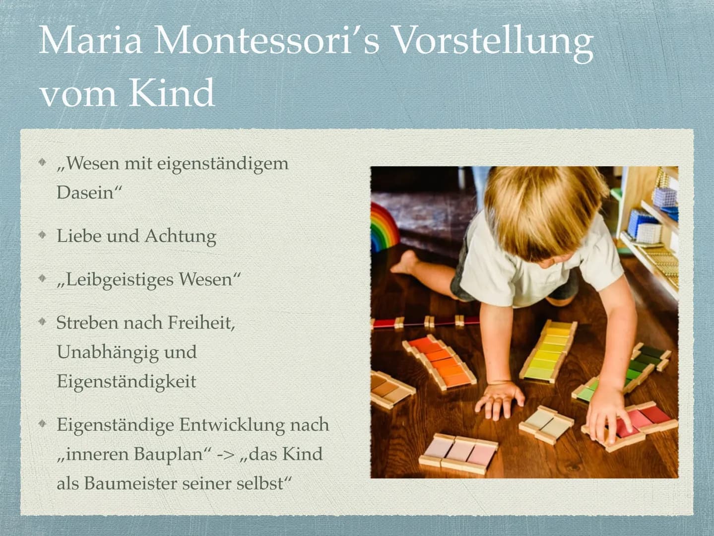 Maria Montessori
Vorstellung meiner Facharbeit 250404
Inhaltsverzeichnis
Die Person Maria Montessori
* Vorstellung vom Kind
Reformpädagogisc