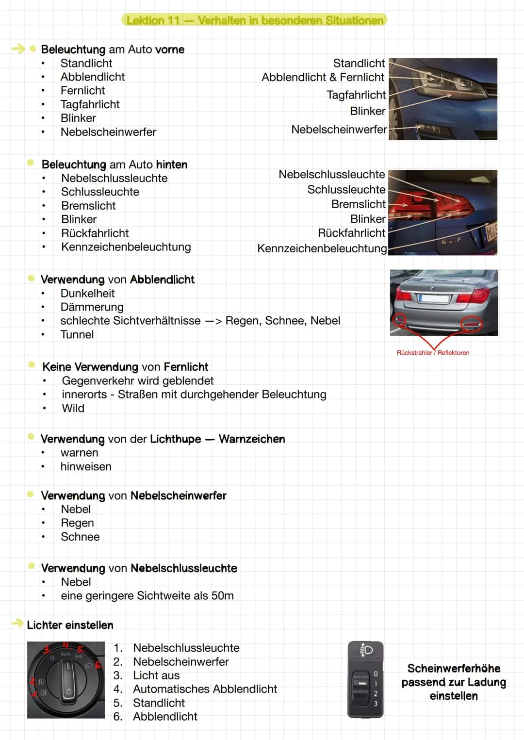 Beleuchtung am Auto vorne
Standlicht
Abblendlicht
.
●
Beleuchtung am Auto hinten
Nebelschlussleuchte
.
.
.
Fernlicht
Tagfahrlicht
Blinker
●
