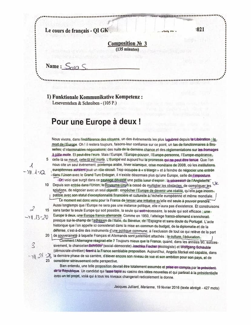 Kurs Französisch GK QI (Bel)
Schuljahr 2020/2021
Name:
Klausurtal 1 (70 %)
Schreiben mit Leseverstehen
Klausurtel 2 (30 %)
Sprachmittlung
Üb