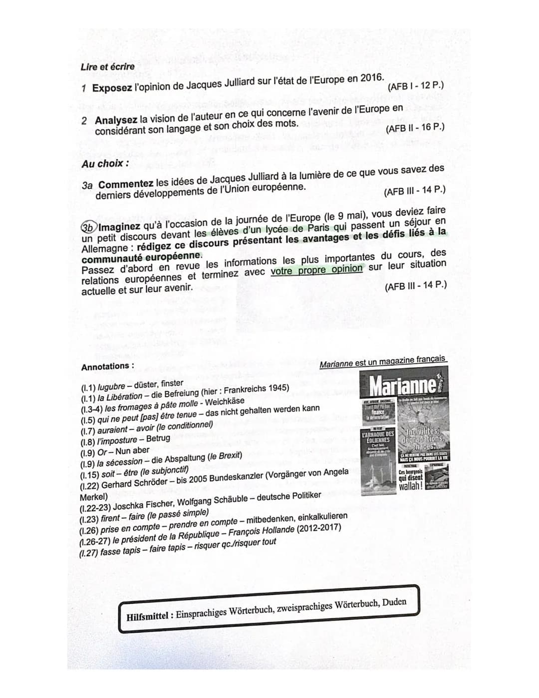 Kurs Französisch GK QI (Bel)
Schuljahr 2020/2021
Name:
Klausurtal 1 (70 %)
Schreiben mit Leseverstehen
Klausurtel 2 (30 %)
Sprachmittlung
Üb