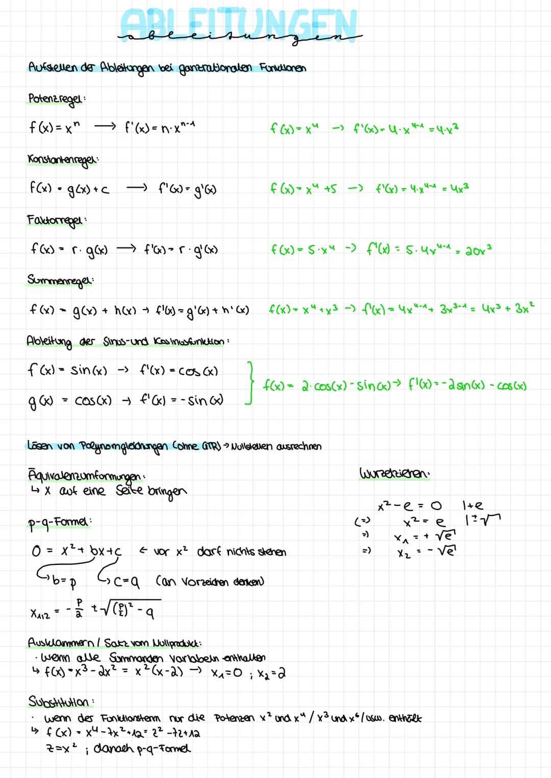 Specirungin
спд
Aufstellen der Ableitungen bei ganzrationalen Funktionen
Potenzregel:
f(x)=x^ f'(x) = n.x^-^
Konstantenregel:
f(x) = g(x) + 