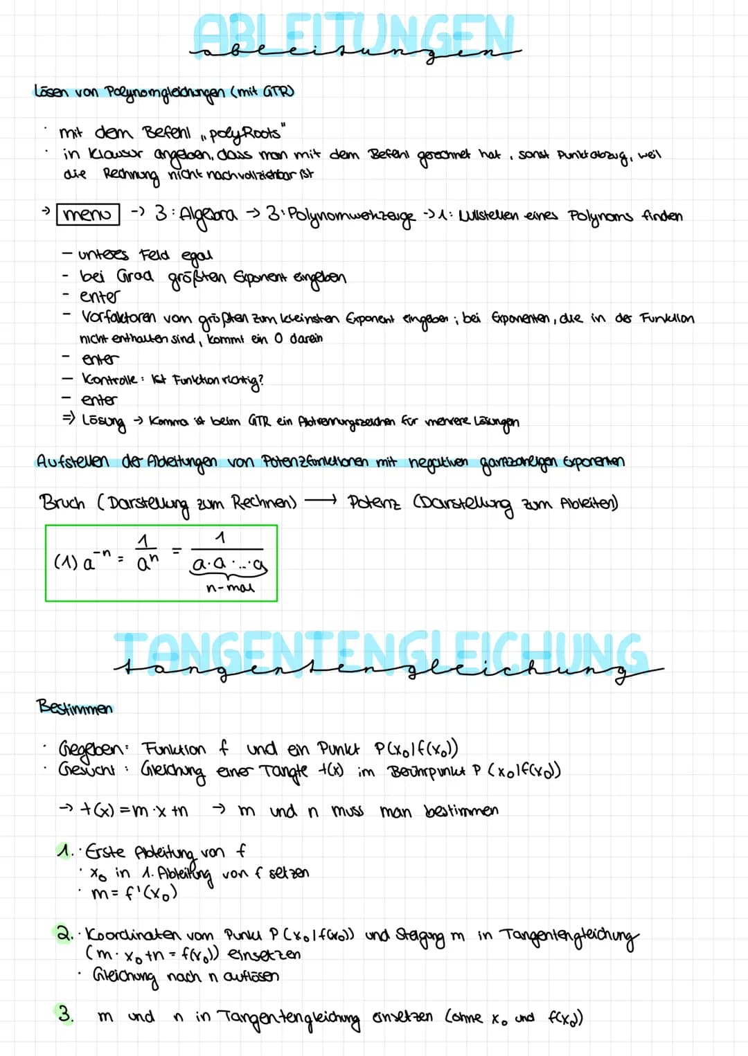 Specirungin
спд
Aufstellen der Ableitungen bei ganzrationalen Funktionen
Potenzregel:
f(x)=x^ f'(x) = n.x^-^
Konstantenregel:
f(x) = g(x) + 