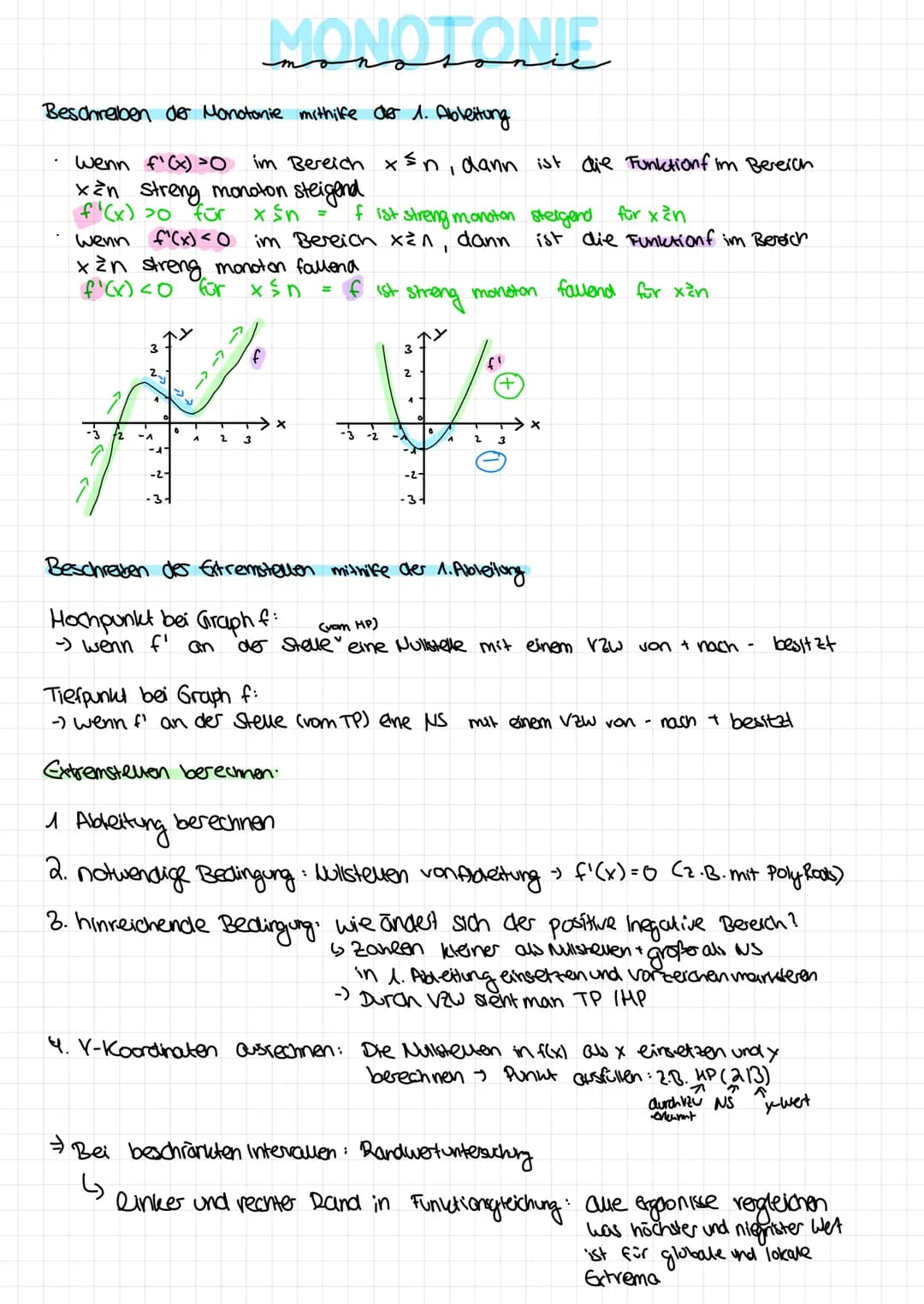 Specirungin
спд
Aufstellen der Ableitungen bei ganzrationalen Funktionen
Potenzregel:
f(x)=x^ f'(x) = n.x^-^
Konstantenregel:
f(x) = g(x) + 