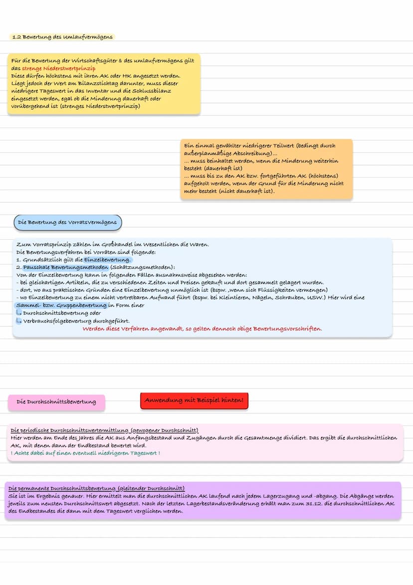 Lernzettel: Lernfeld 08, Jahresabschluss
Nr. 4, 5, 6, 7
Fr. Waldschmidt Klausurrelevant
1. Bewertung des Vermögens (Aktíva)
1.1 Bewertung de