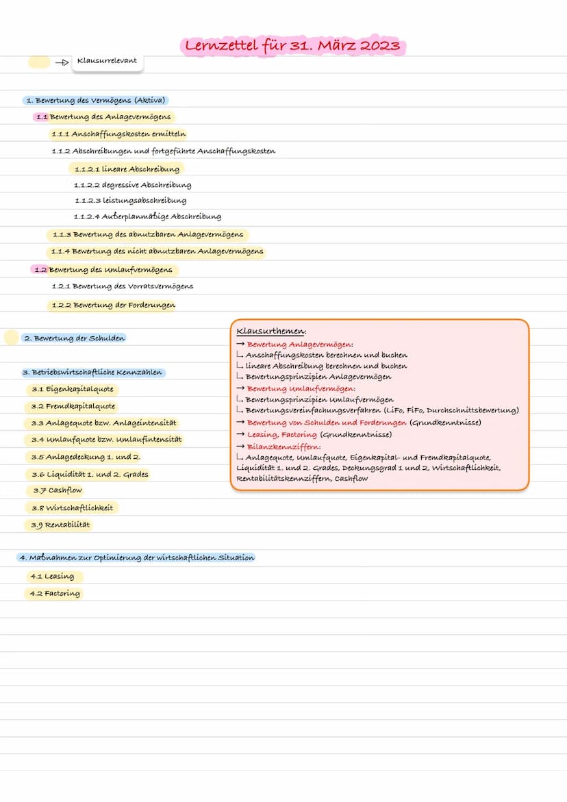 Lernzettel: Lernfeld 08, Jahresabschluss
Nr. 4, 5, 6, 7
Fr. Waldschmidt Klausurrelevant
1. Bewertung des Vermögens (Aktíva)
1.1 Bewertung de