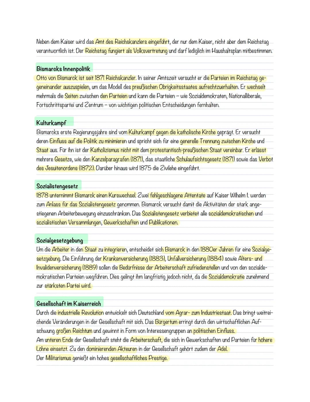 geschiklausur 3
Deutsches Kaiserreich
Infolge der Reichsgründung 1871 wird Deutschland zum Nationalstaat. Die nationale Einigung ist vor all