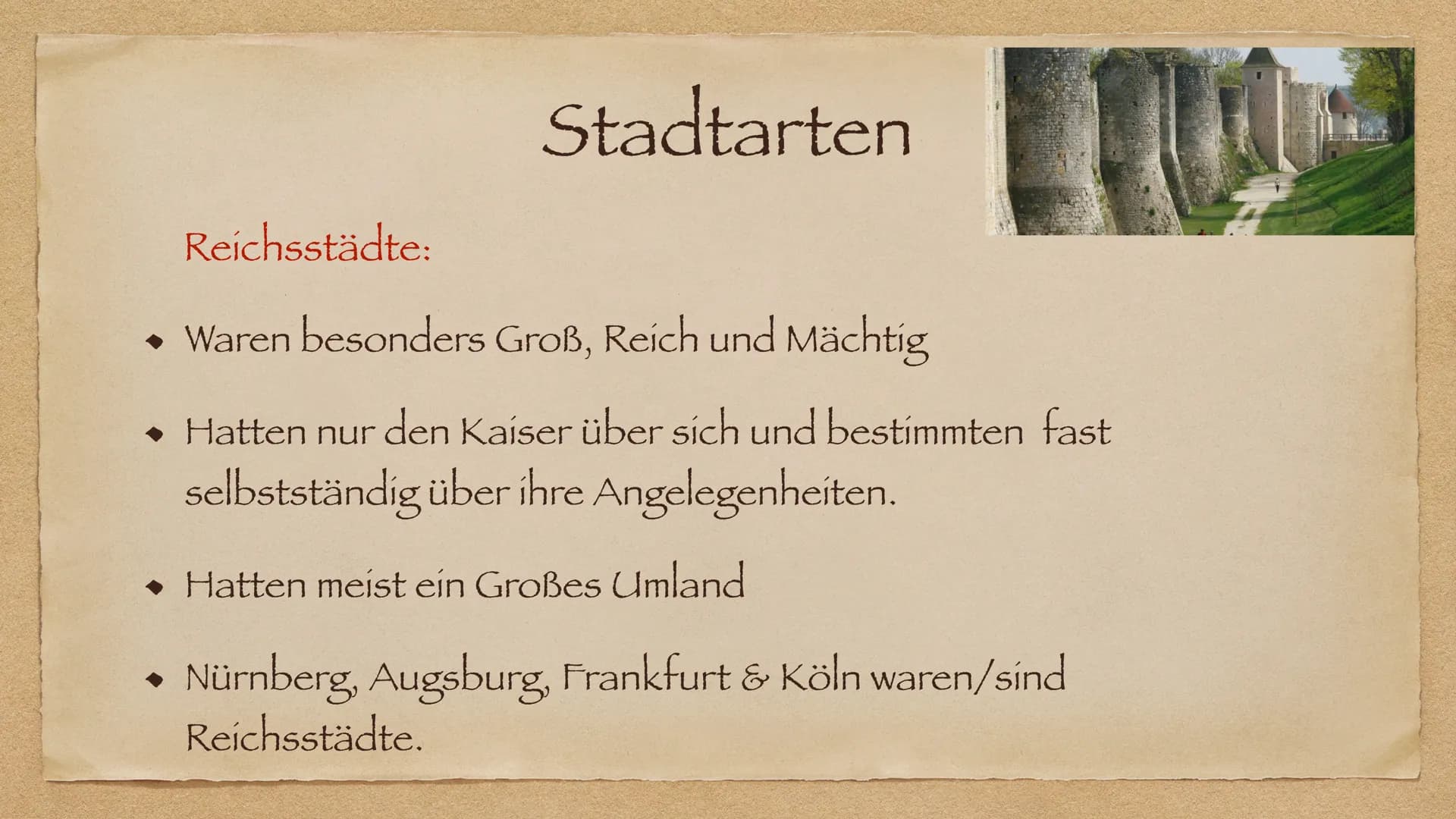 Stadtentwicklung im Mittelalter Inhaltsverzeichnis
Gründe der Stadtentstehung
◆ Faktoren der Stadtentwicklung
Stadtarten
◆ Der Aufbau einer 