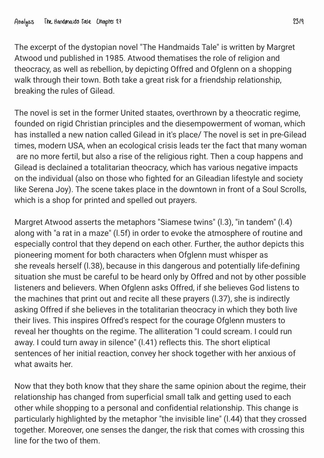 Analysis The Handmaids Tale Chapter 27
The excerpt of the dystopian novel "The Handmaids Tale" is written by Margret
Atwood und published in