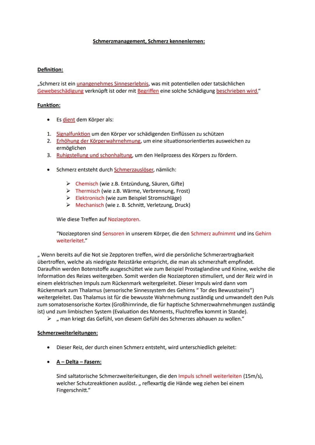 Definition:
,,Schmerz ist ein unangenehmes Sinneserlebnis, was mit potentiellen oder tatsächlichen
Gewebeschädigung verknüpft ist oder mit B