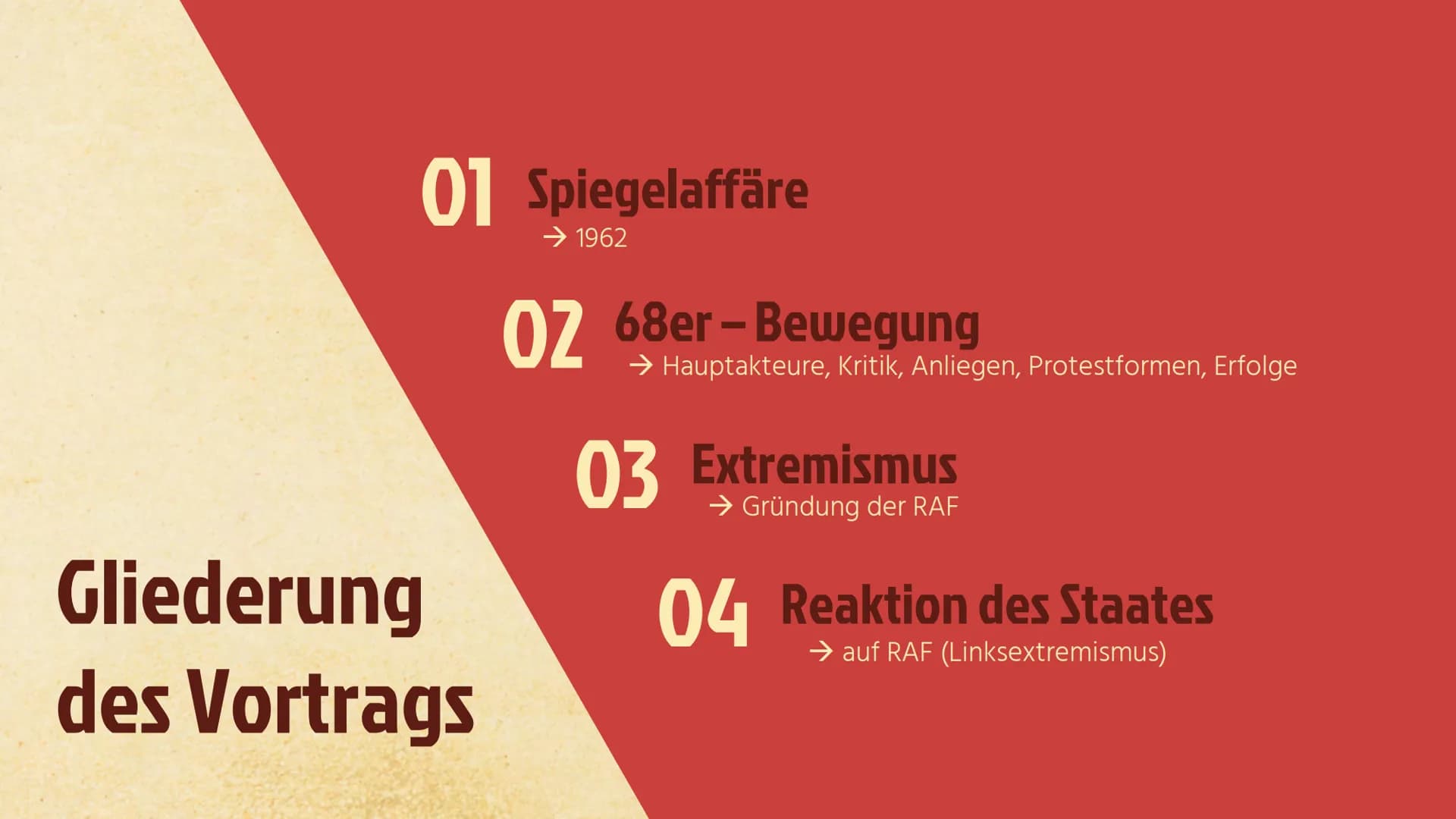 Jo+
68er Bewegung
- Außerparlamentarische
Opposition -
.. RAF... 01 Spiegelaffäre
Gliederung
des Vortrags
→ 1962
02 68er-Bewegung
→ Hauptakt