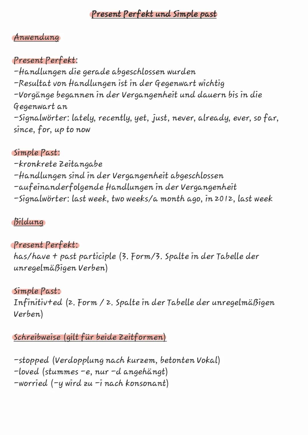 Present Perfekt und Simple past
Anwendung
Present Perfekt:
-Handlungen die gerade abgeschlossen wurden
-Resultat von Handlungen ist in der G