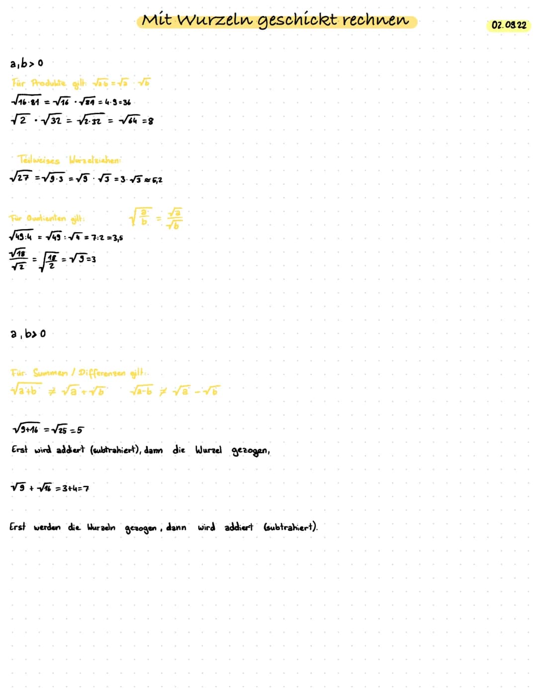 a, b>0
Für Produkte gilt: √a·b = √5
√√16.81 = -√√16-√√51 = 4.9=36
√2-√√32 = √2.32
=
Mit Wurzeln geschickt rechnen
-√64=8
Teilweises Wura elz