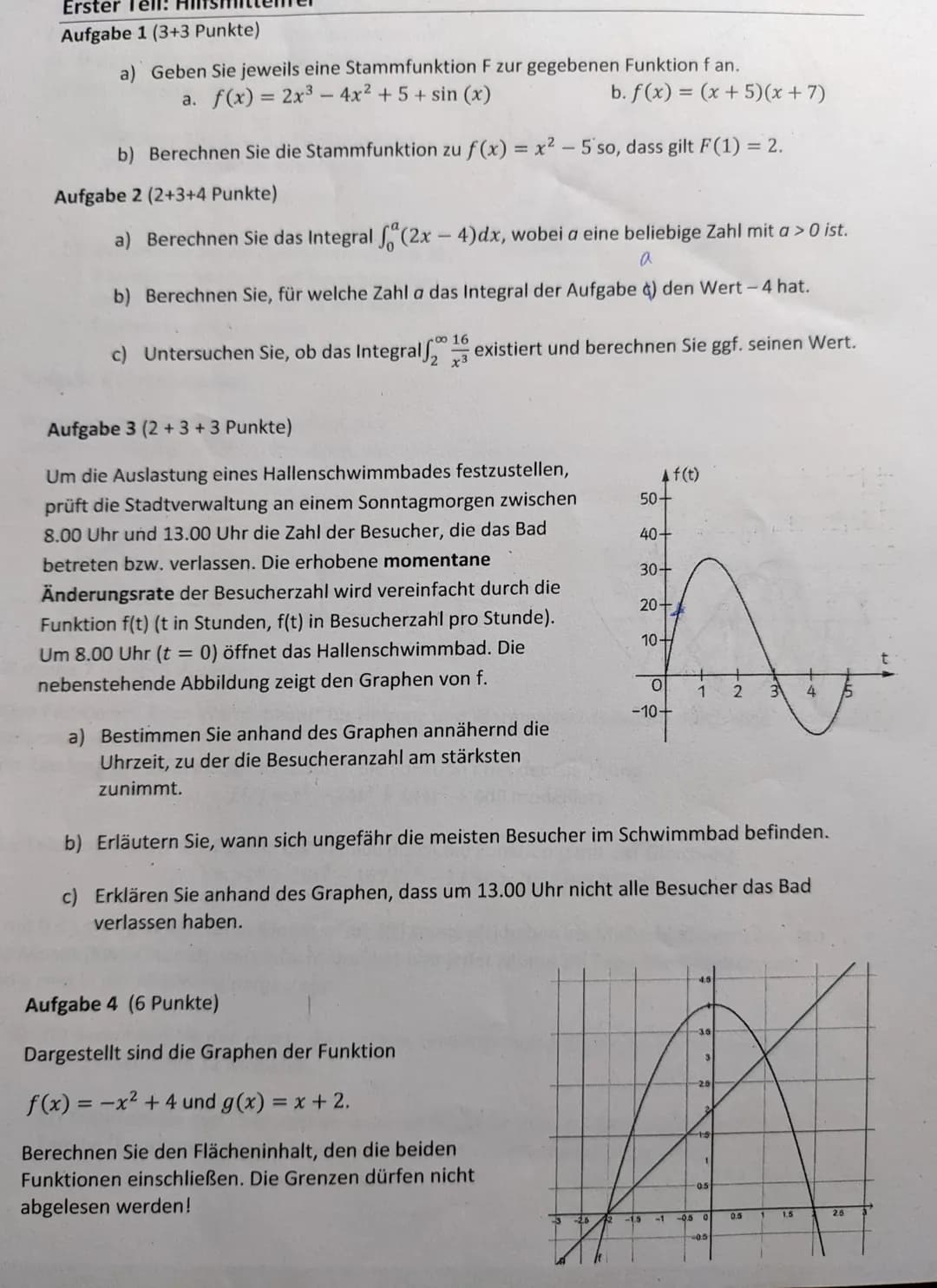 Erster Tell!
Aufgabe 1 (3+3 Punkte)
a) Geben Sie jeweils eine Stammfunktion F zur gegebenen Funktion f an.
a. f(x) = 2x³-4x² + 5+ sin(x)
b. 