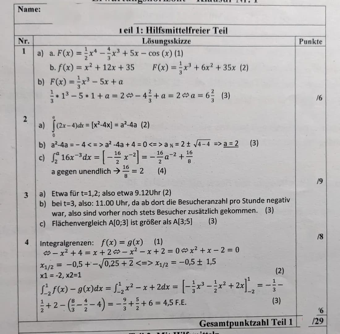 Erster Tell!
Aufgabe 1 (3+3 Punkte)
a) Geben Sie jeweils eine Stammfunktion F zur gegebenen Funktion f an.
a. f(x) = 2x³-4x² + 5+ sin(x)
b. 