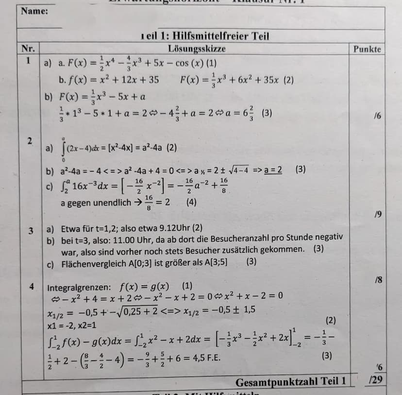 Erster Tell!
Aufgabe 1 (3+3 Punkte)
a) Geben Sie jeweils eine Stammfunktion F zur gegebenen Funktion f an.
a. f(x) = 2x³-4x² + 5+ sin(x)
b. 