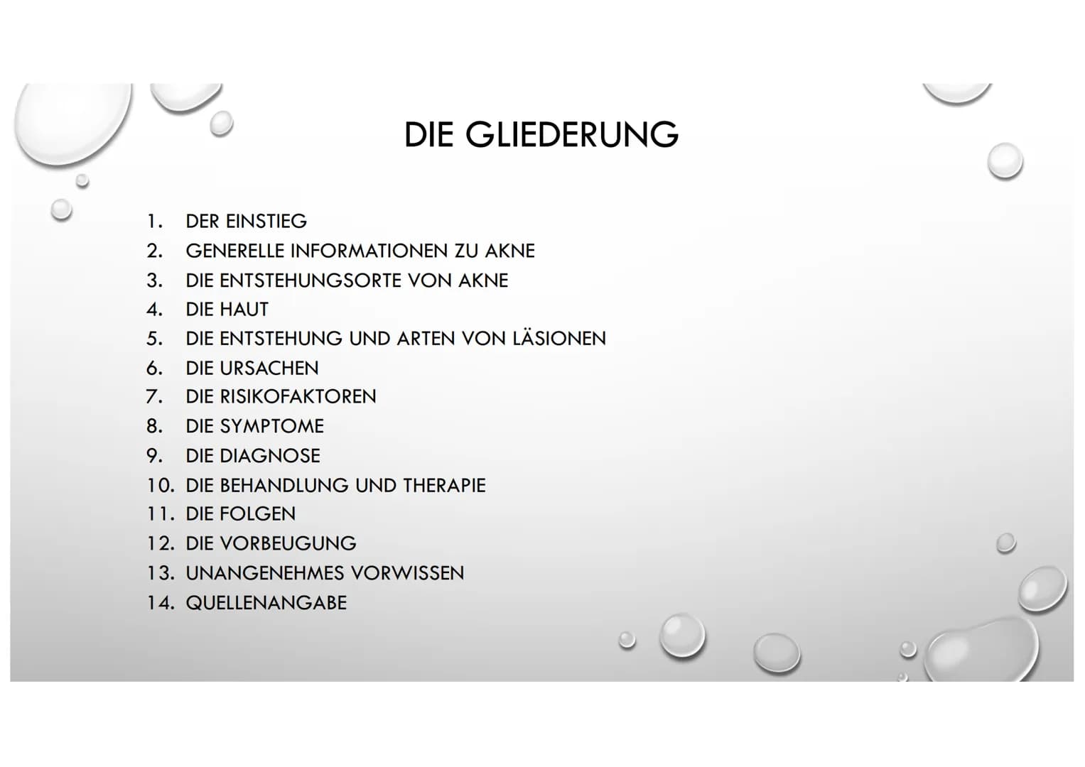 AKNE DIE GLIEDERUNG
1. DER EINSTIEG
2. GENERELLE INFORMATIONEN ZU AKNE
3.
4. DIE HAUT
5. DIE ENTSTEHUNG UND ARTEN VON LÄSIONEN
6.
DIE URSACH