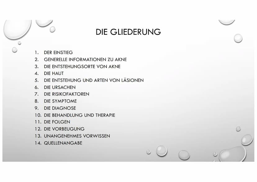 AKNE DIE GLIEDERUNG
1. DER EINSTIEG
2. GENERELLE INFORMATIONEN ZU AKNE
3.
4. DIE HAUT
5. DIE ENTSTEHUNG UND ARTEN VON LÄSIONEN
6.
DIE URSACH