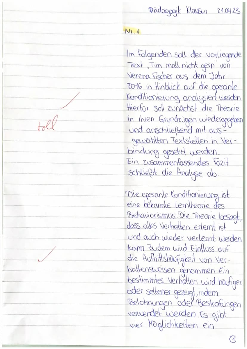 5
10
15
20
EF PA GK
Klausur im 2. Halbjahr
Tim malt nicht gern
1. Analysieren Sie Tims Verhalten mit Ihren Kenntnissen zur operanten
Konditi
