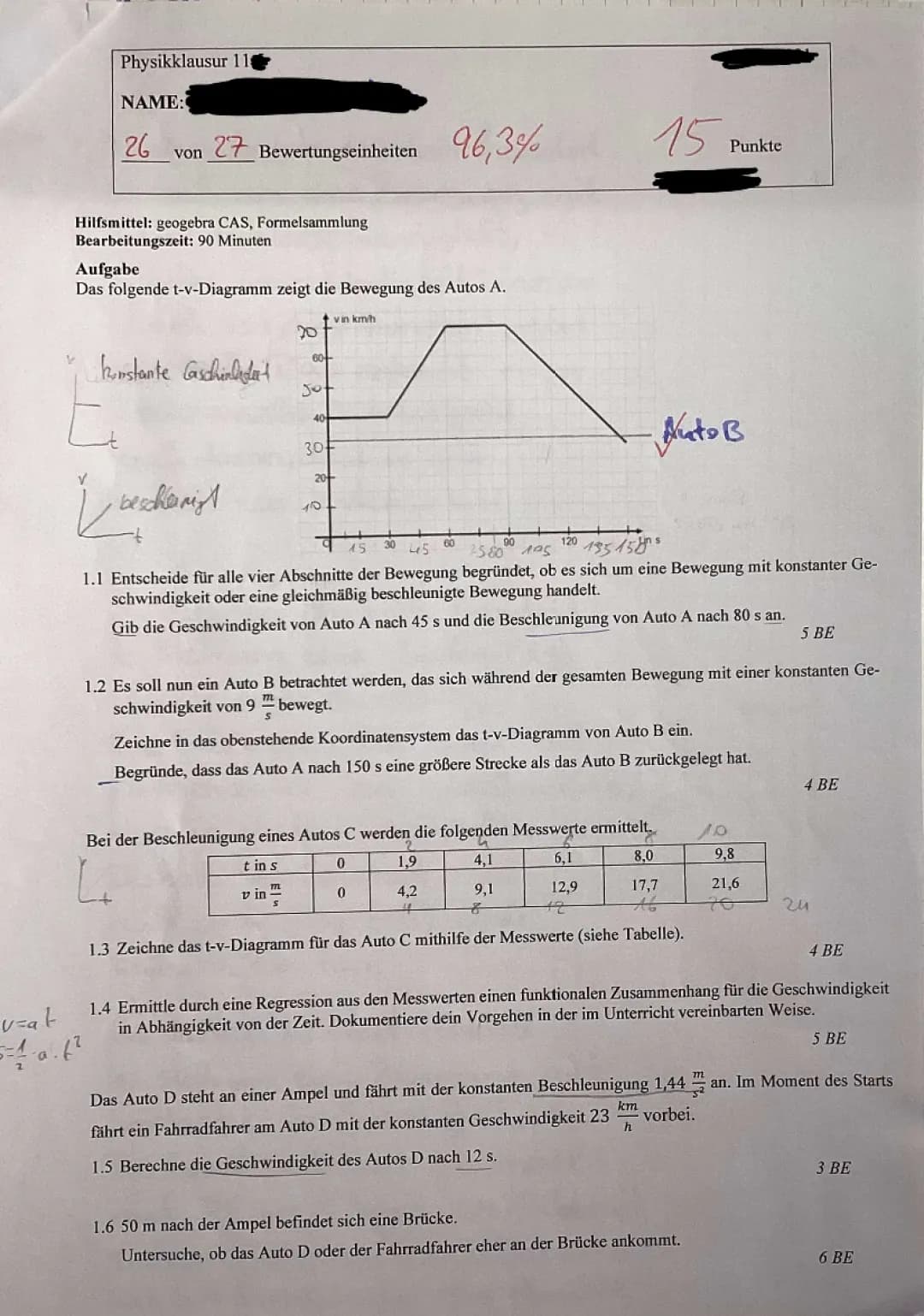 Physik Aufgaben mit Lösungen: Gleichförmige und Beschleunigte Bewegungen, t-v Diagramme