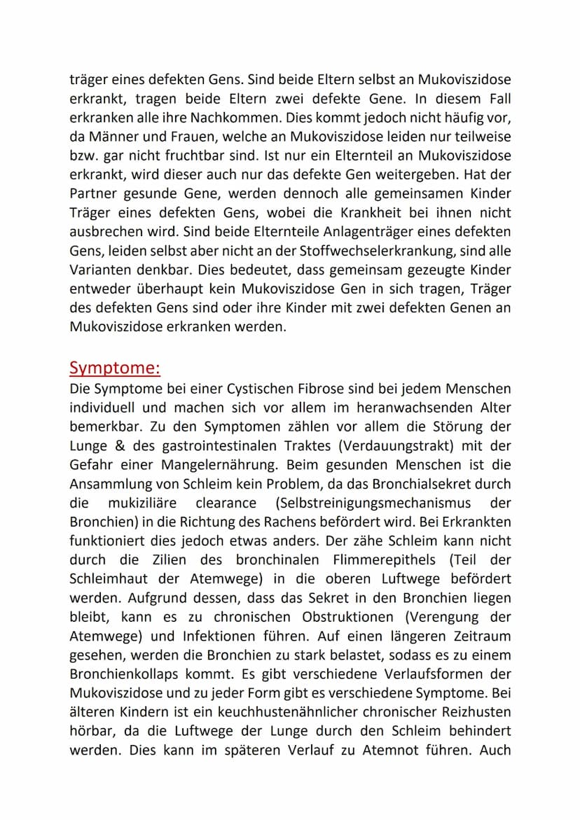 Name:
Datum: 28.08.2020
Klasse: 1-BGG
Hausarbeit zu Mukoviszidose
Gliederung:
-Definition, Ursachen und Symptome
-Diagnostik und Therapie
-P
