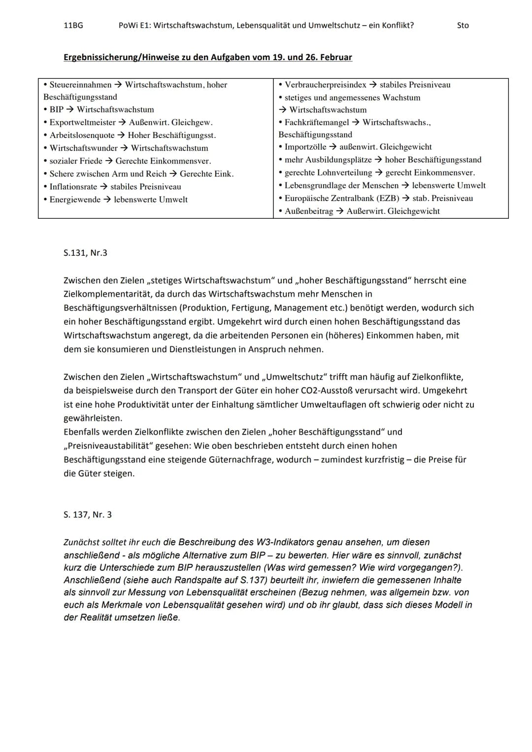 11BG
Ergebnissicherung/Hinweise zu den Aufgaben vom 19. und 26. Februar
Powi E1: Wirtschaftswachstum, Lebensqualität und Umweltschutz - ein 