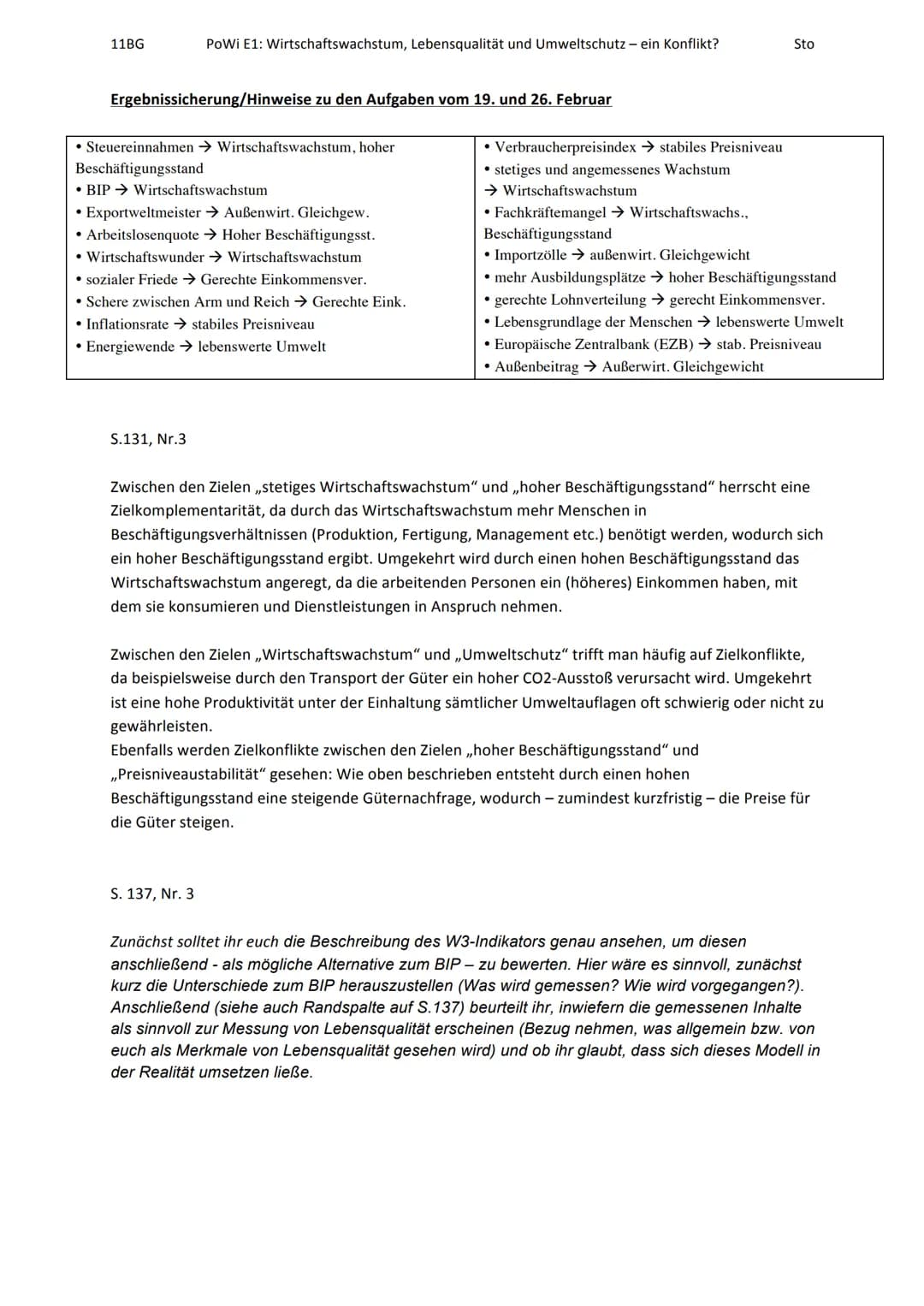 11BG
Ergebnissicherung/Hinweise zu den Aufgaben vom 19. und 26. Februar
Powi E1: Wirtschaftswachstum, Lebensqualität und Umweltschutz - ein 