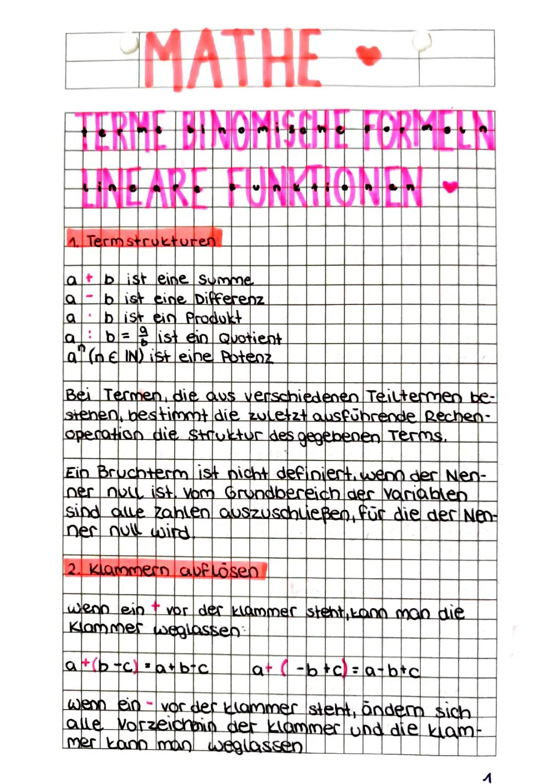 Terme/Lineare Funktionen/Binomische Formeln