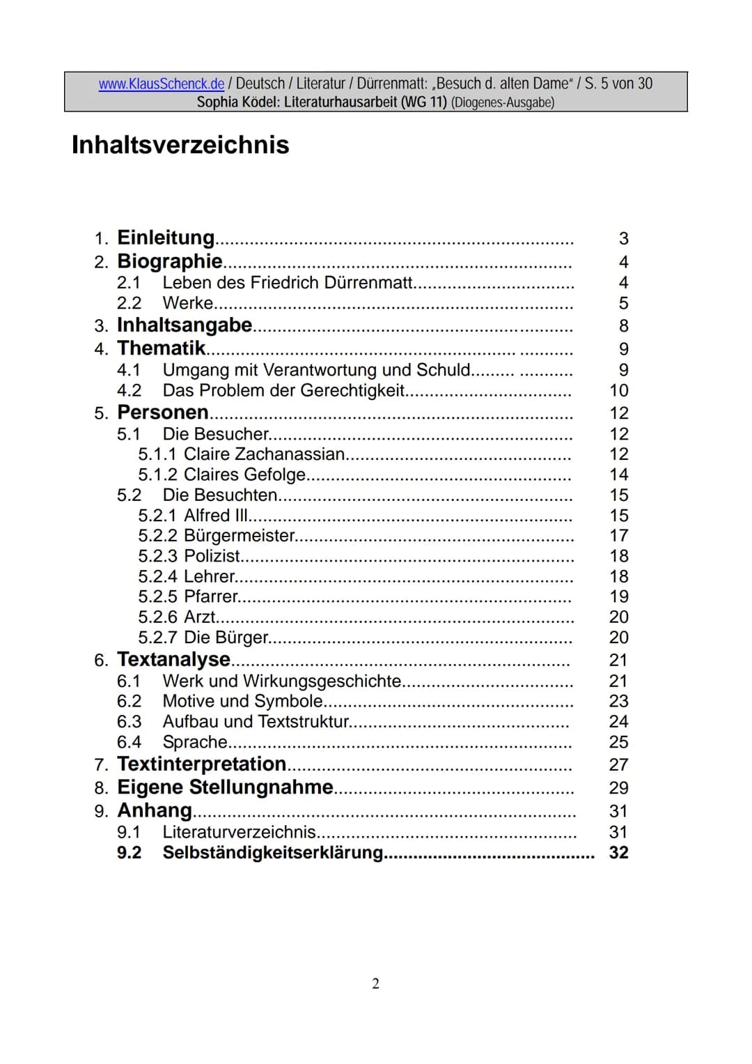 www.KlausSchenck.de / Deutsch / Literatur / Dürrenmatt: „Besuch d. alten Dame" / S. 5 von 30
Sophia Ködel: Literaturhausarbeit (WG 11) (Diog