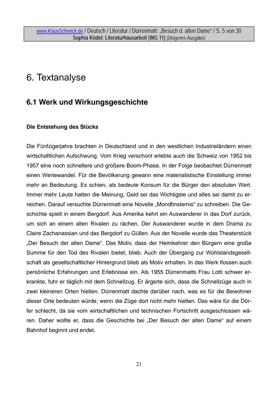 www.KlausSchenck.de / Deutsch / Literatur / Dürrenmatt: „Besuch d. alten Dame" / S. 5 von 30
Sophia Ködel: Literaturhausarbeit (WG 11) (Diog