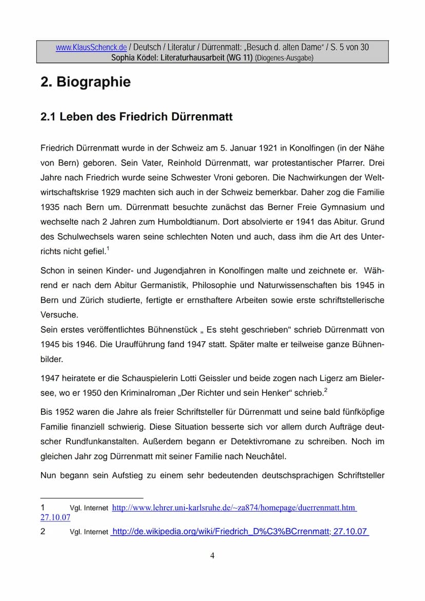 www.KlausSchenck.de / Deutsch / Literatur / Dürrenmatt: „Besuch d. alten Dame" / S. 5 von 30
Sophia Ködel: Literaturhausarbeit (WG 11) (Diog