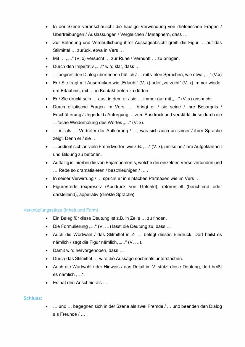 Szenenanalyse Formulierungshilfen
Einleitung:
Drama:
Im Jahr ... wurde das Drama,...", geschrieben von ..., uraufgeführt. Das Drama setzt
si