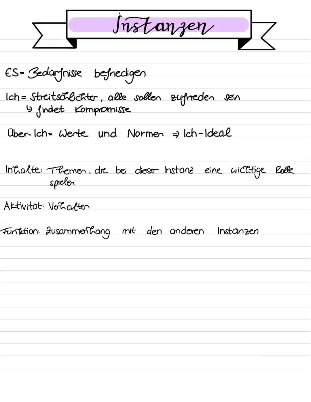 Instanzen
ES= Bedürfnisse befriedligen
Ich = Streitschlichter, alle sollen zufrieden sein.
findet Kompromisse
(
Über-Ich- Werte und Normen =