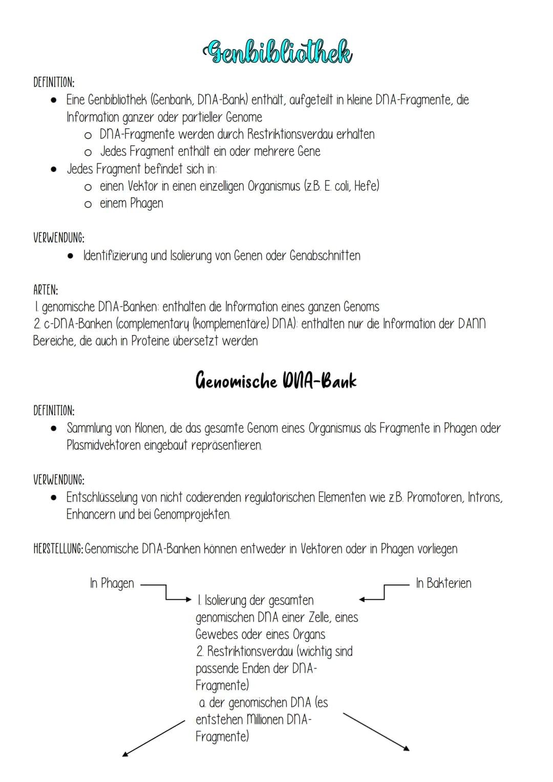 DEFINITION:
• Eine Genbibliothek (Genbank, DNA-Bank) enthält, aufgeteilt in kleine DNA-Fragmente, die
Information ganzer oder partieller Gen